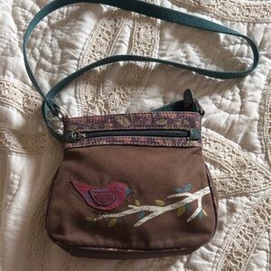 Chic Fossil Canvas Brown Crossbody Bag with Pink Bird Accent